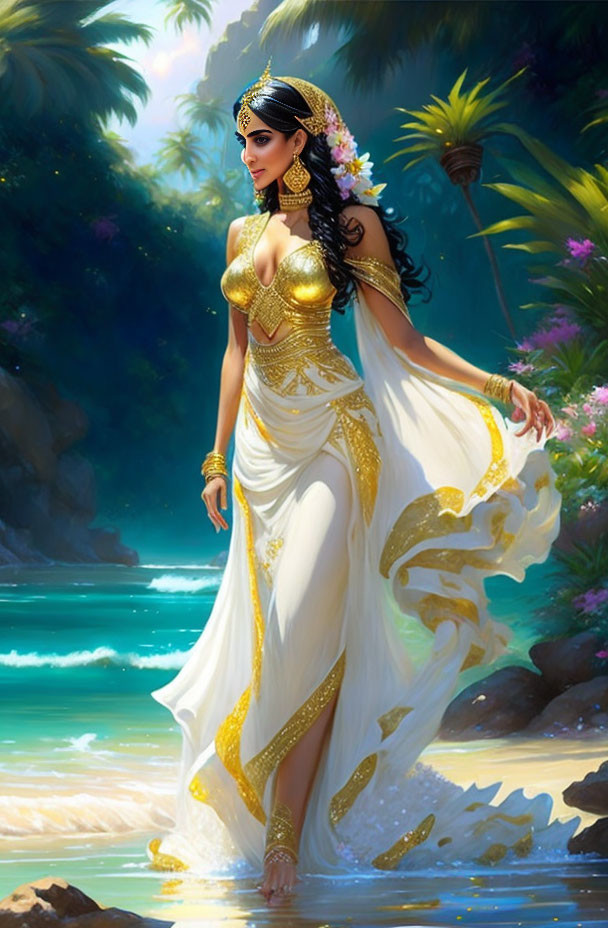 Woman in Golden and White Attire by Tropical Beach