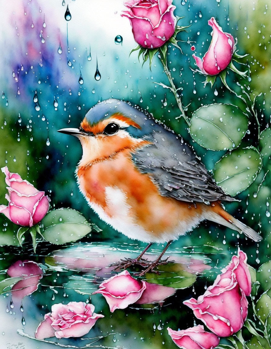 Vibrant bird on branch with pink roses and water droplets on glass surface