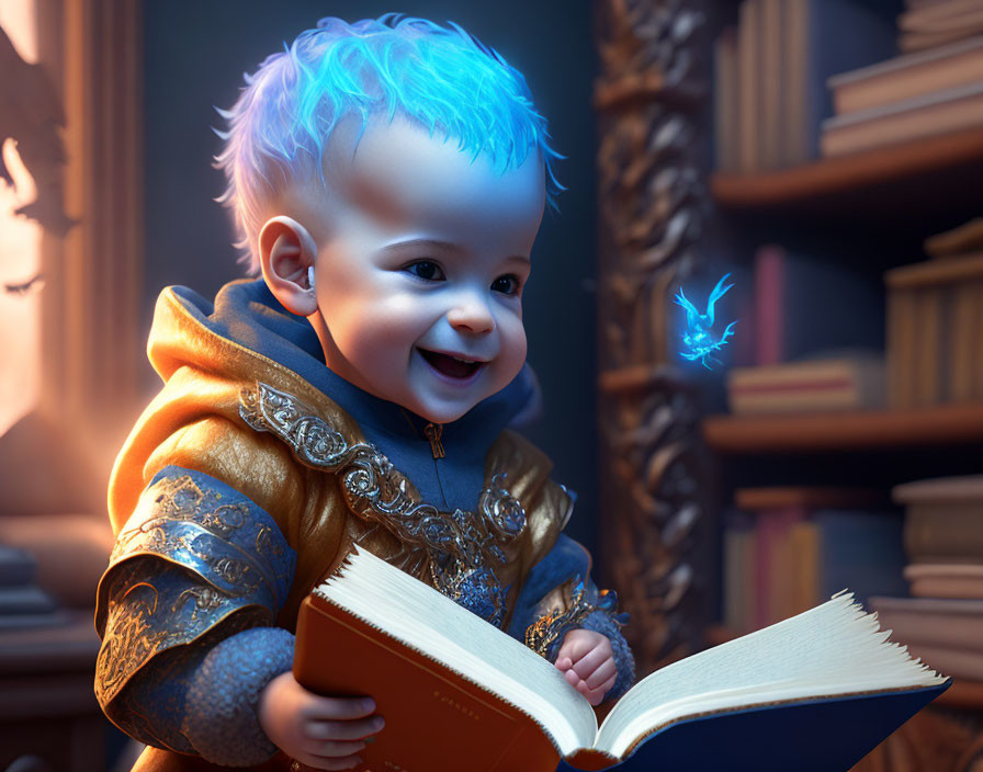 Infant with glowing blue hair reading magical book with tiny blue light bird