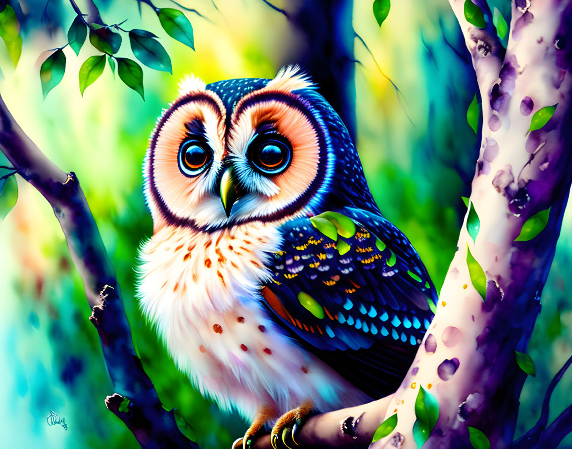 Colorful Stylized Owl Illustration Perched on Branch in Whimsical Forest