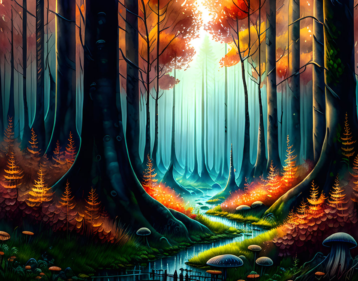 Vibrant fantasy forest with glowing mushrooms and mysterious light