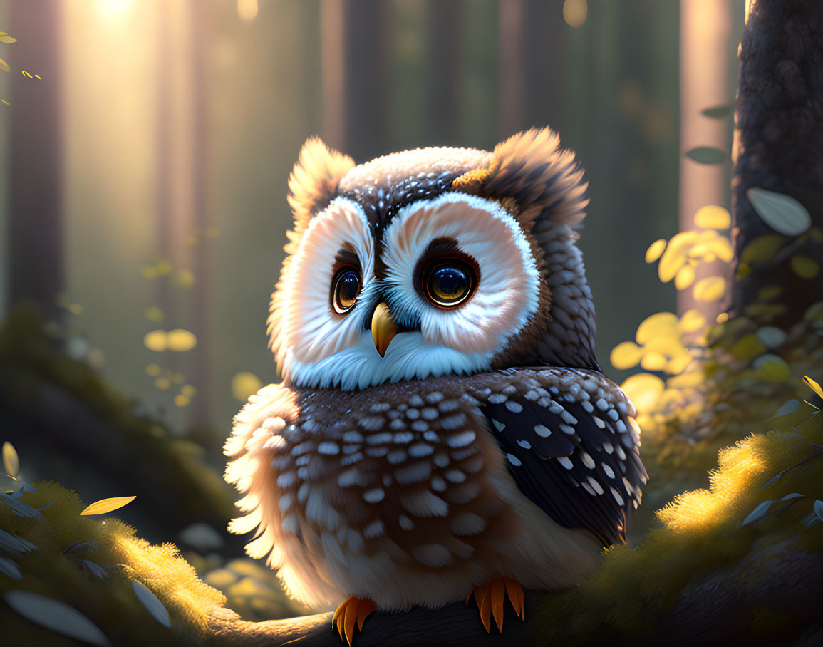 Cute owl perched on sunlit forest branch