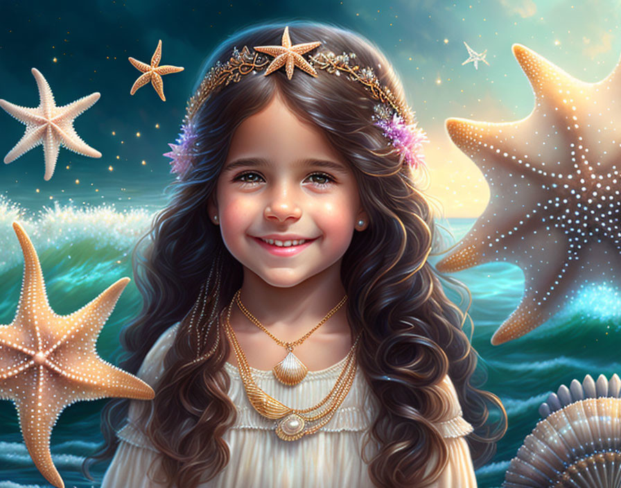 Young girl with starfish tiara and ocean backdrop portrait.