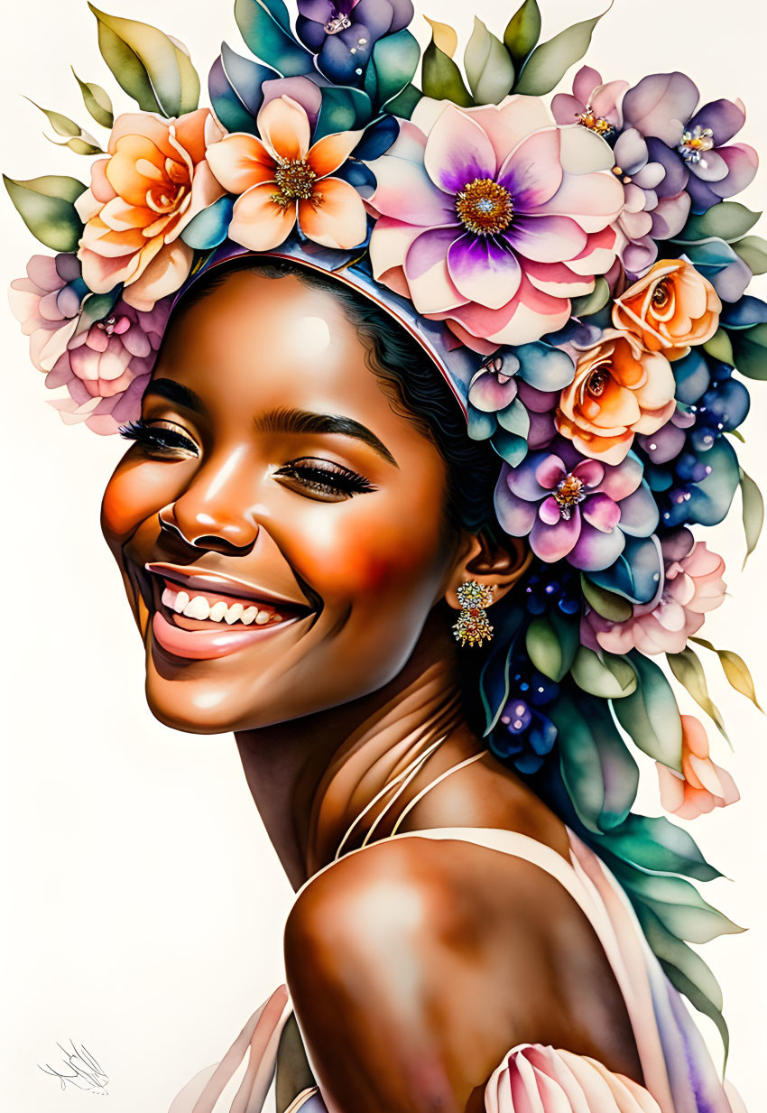 Colorful floral headdress on smiling woman with pink, purple, and orange hues