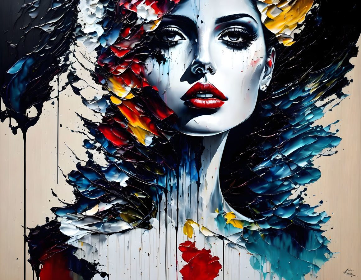 Colorful Abstract Painting of Woman with Feather-Like Elements