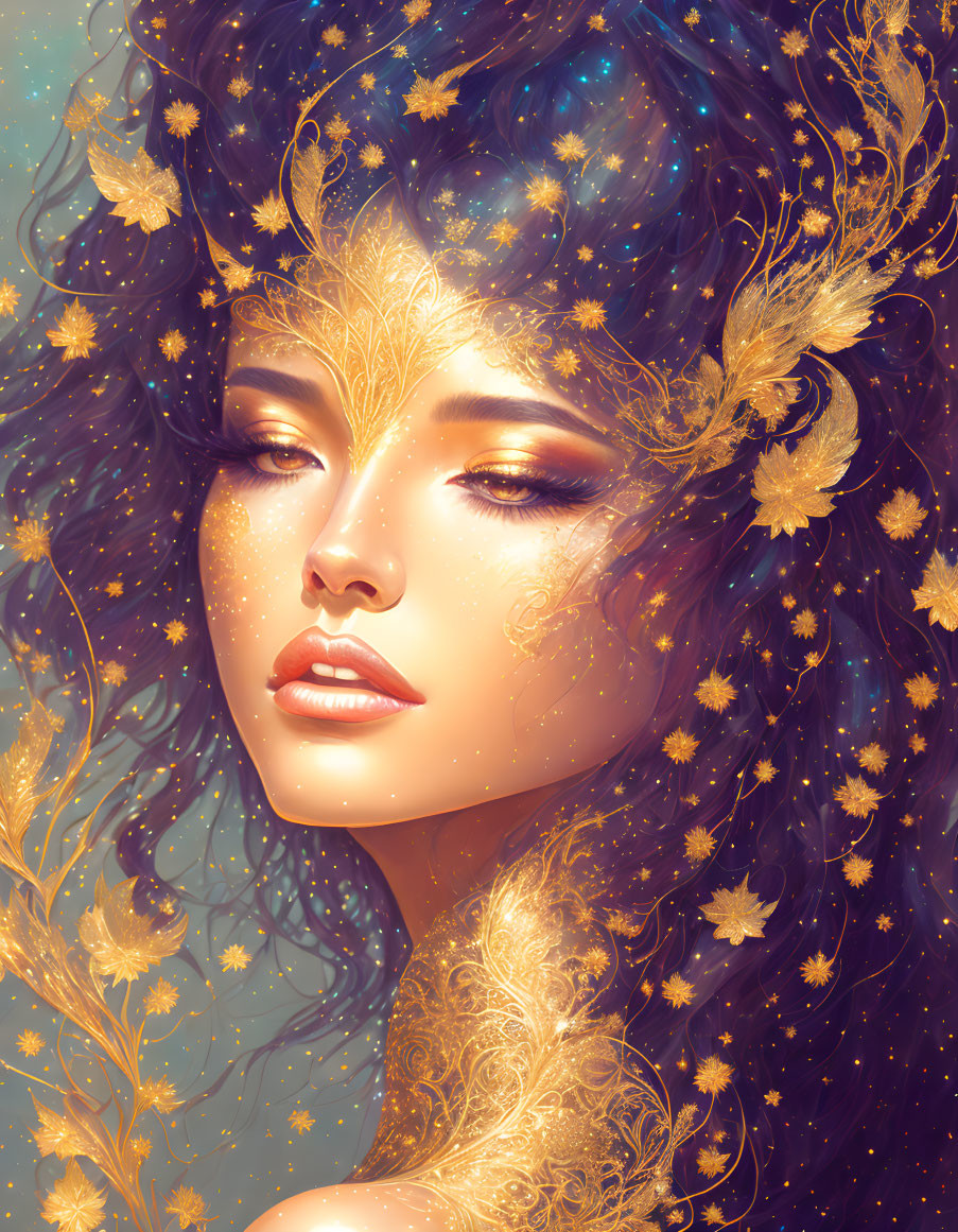 Fantasy Portrait: Woman with Golden Leaves and Stars in Hair