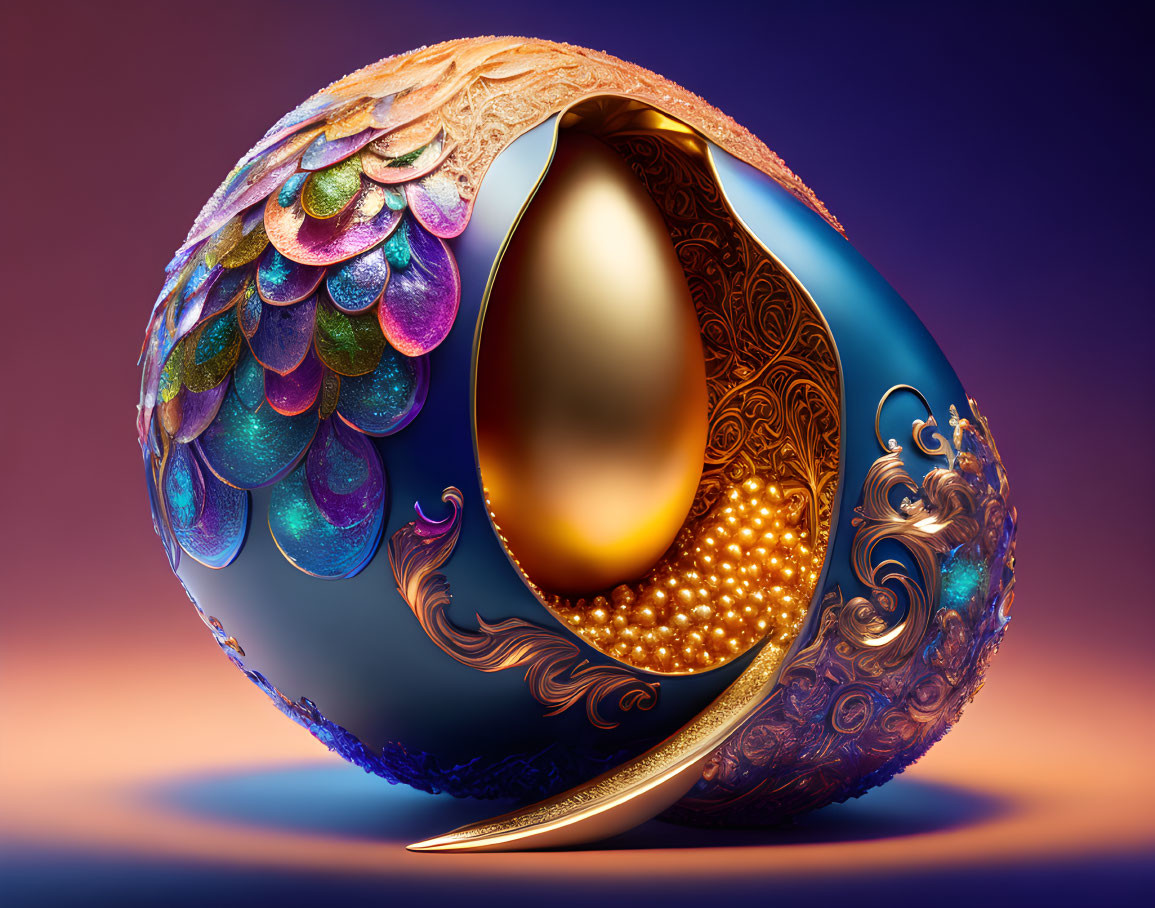 Ornate digital egg with peacock feather detail on purple background