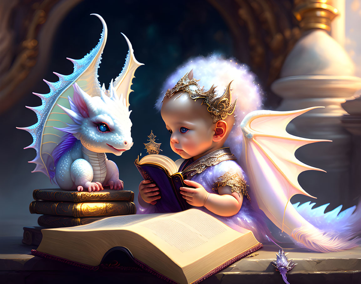 Baby with Glowing Crown and Blue Dragon Reading Book in Mystical Light