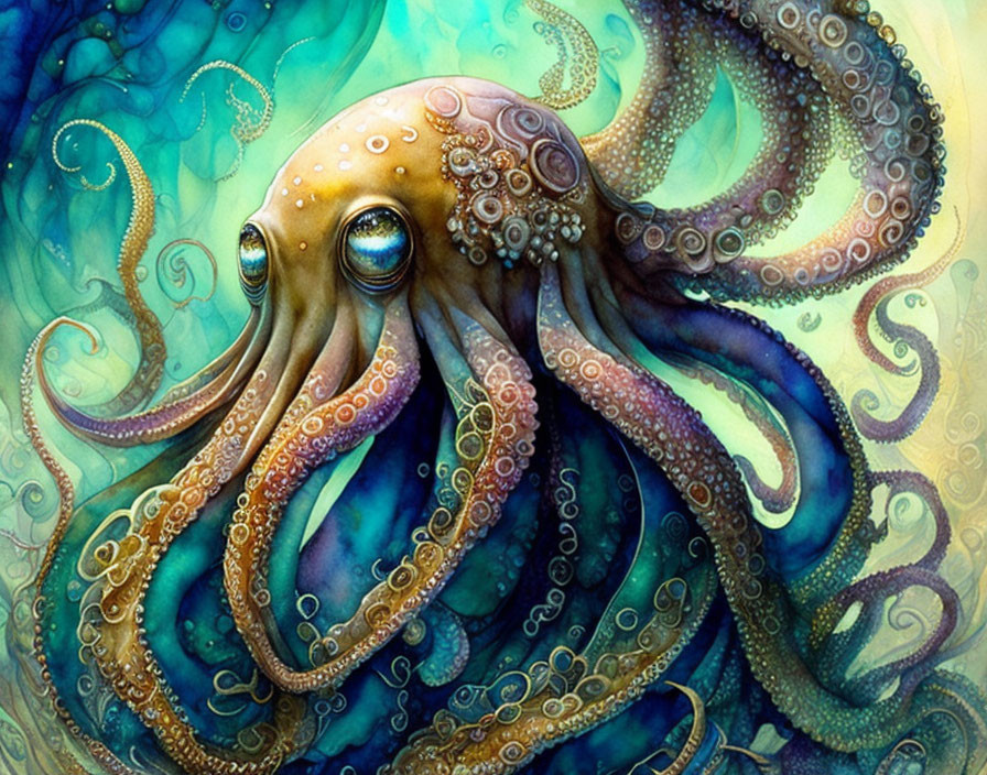 Detailed Octopus Illustration in Blue-Green Underwater Scene