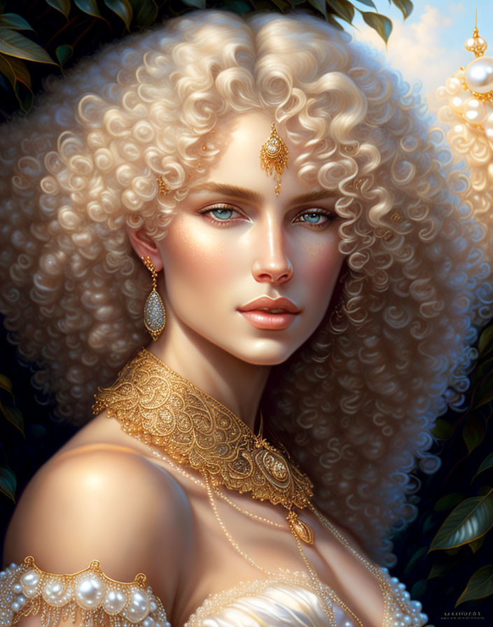 Illustrated portrait of woman with curly blonde hair, blue eyes, gold jewelry.