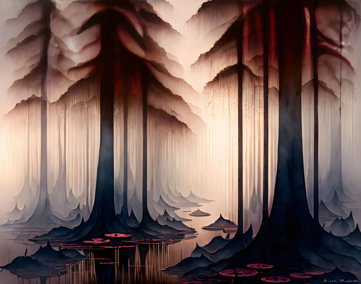 Misty red forest with tall trees, water reflections, and pink lotus flowers