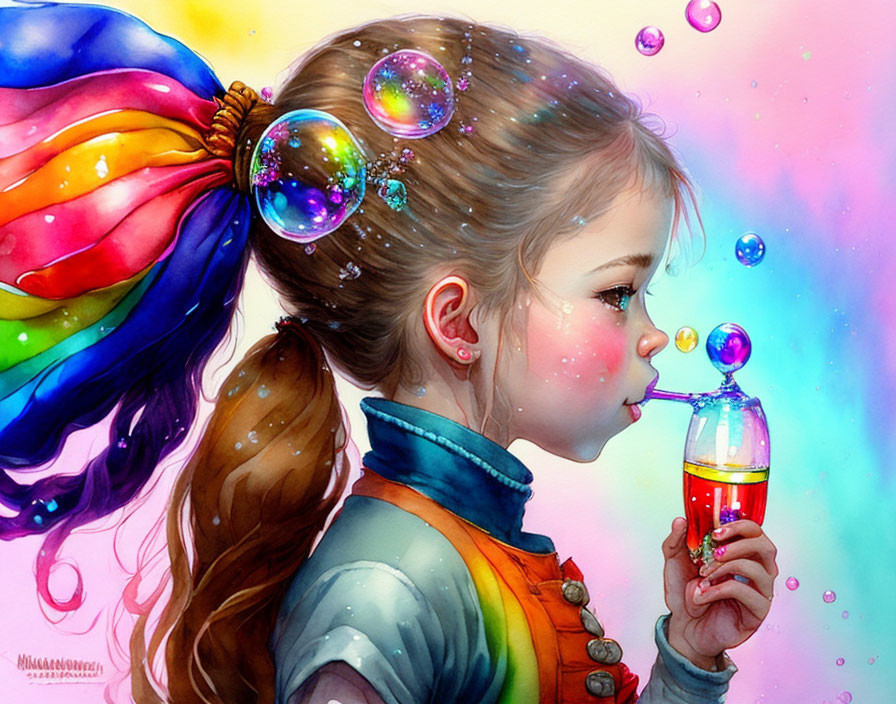 Colorful-haired girl blowing bubbles on vibrant background