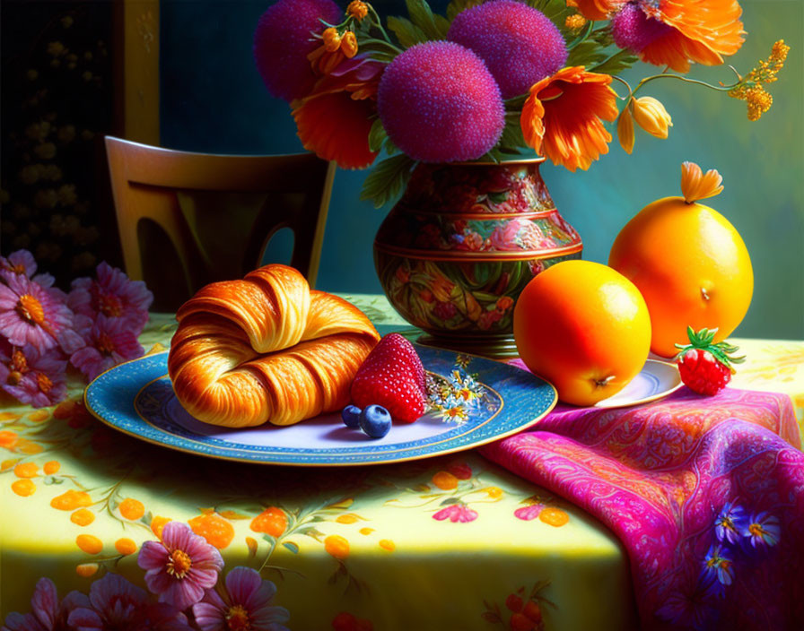 Colorful Still Life with Croissant, Berries, Oranges, and Bouquet