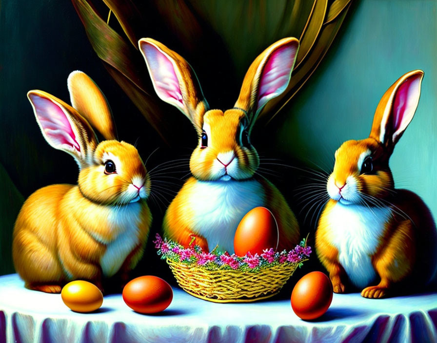 Three cartoon rabbits with oversized ears and colorful eggs in a basket - Easter theme.