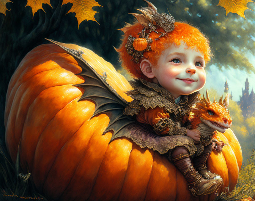 Child with red hair on giant pumpkin with dragon in autumn scene