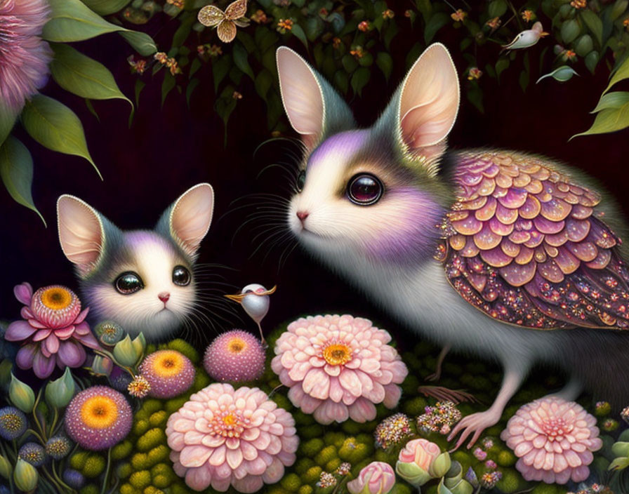 Colorful fantasy illustration of mouse-like creatures with butterfly wings in lush floral setting.