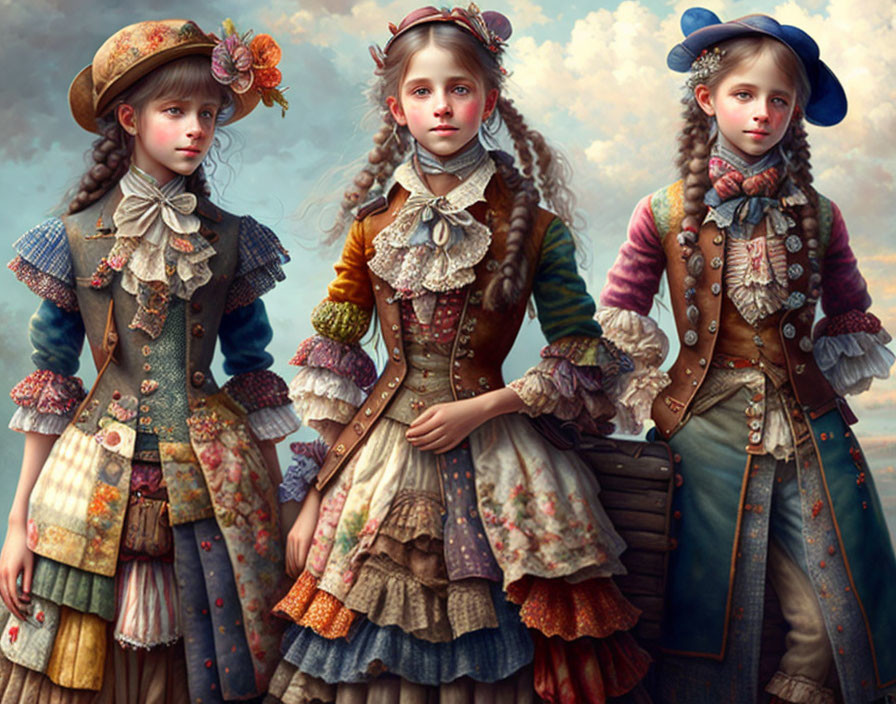 Victorian-Inspired Attire: Three Girls in Intricate Patterns and Hats