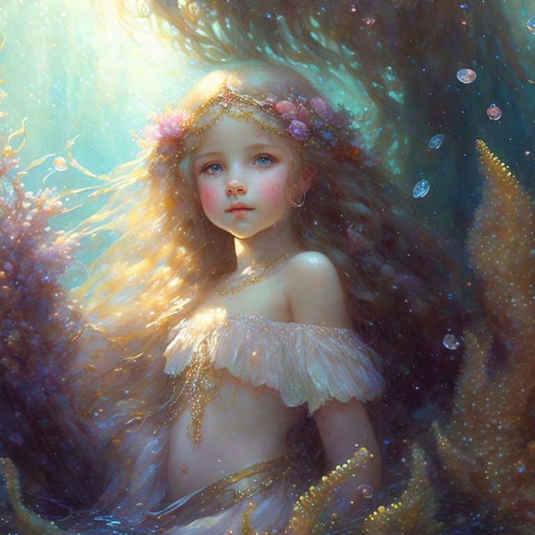 Young girl with long wavy hair in fantasy setting with aquatic background