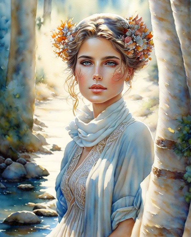 Woman with Blue Eyes and Floral Crown in Sunlit Forest Portrait