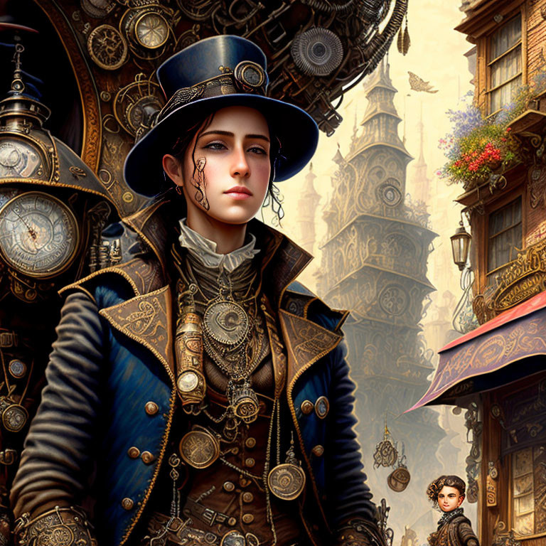 Steampunk-clad woman in top hat amid gears and Victorian architecture