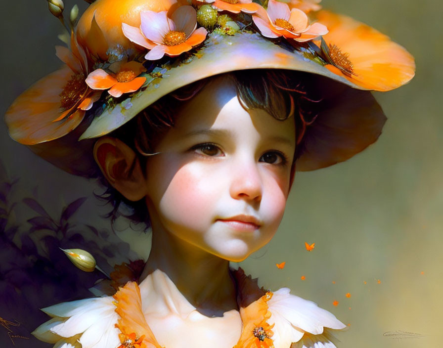 Young girl with floral hat and butterflies in dreamy digital painting