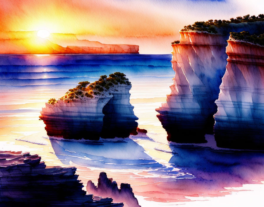 Coastal cliffs sunset illustration in warm hues