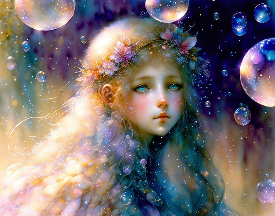 Digital painting of young girl with floral crown and blue eyes in starry setting.