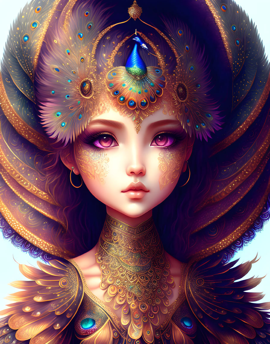 Vivid digital artwork: Woman with peacock feather headdress & golden jewelry