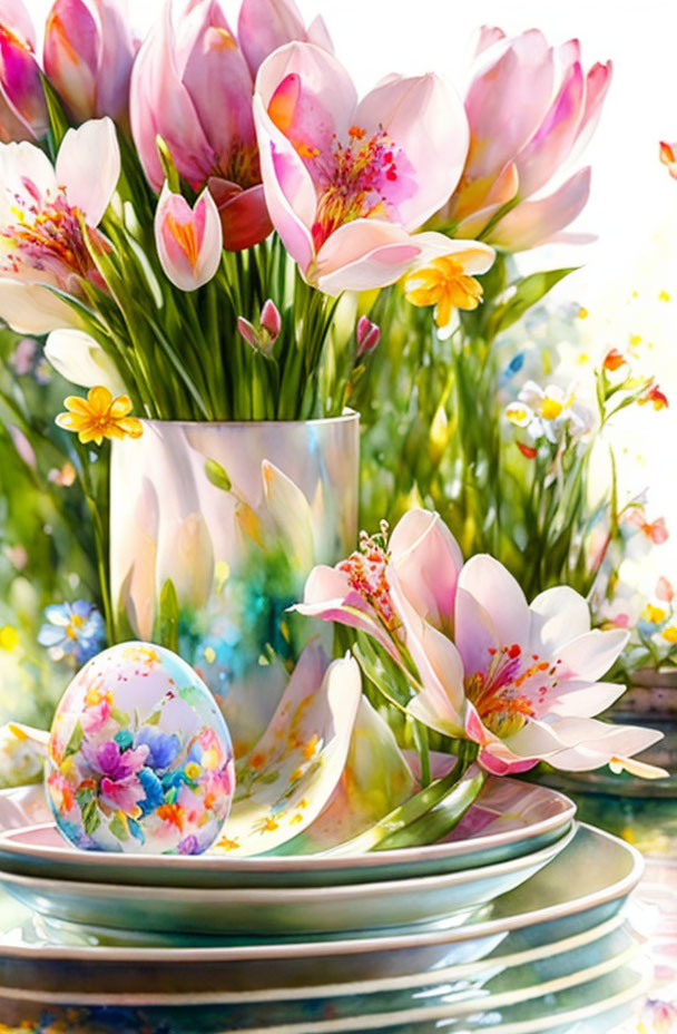 Colorful Pink Tulips and Easter Egg in Vase with Floral Background