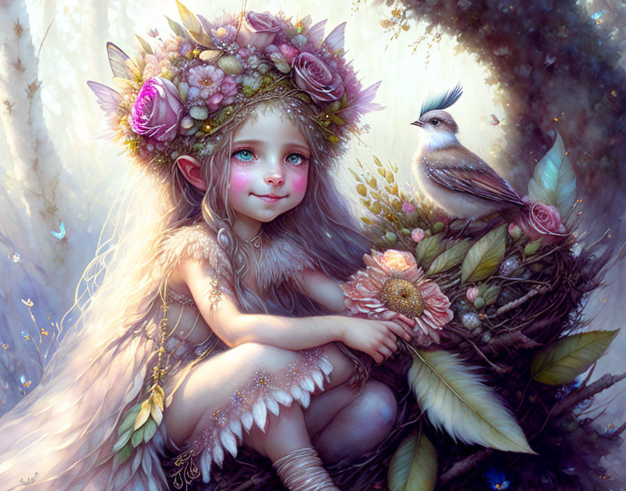 Child with floral crown and bird in dreamy forest setting