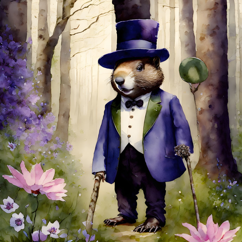 Stylishly dressed beaver in blue coat and top hat in forest scene