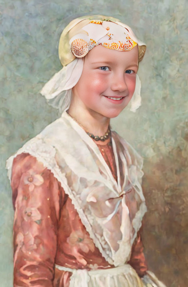 Digitally altered portrait of a young girl in historical clothing with a whimsical orange nightcap