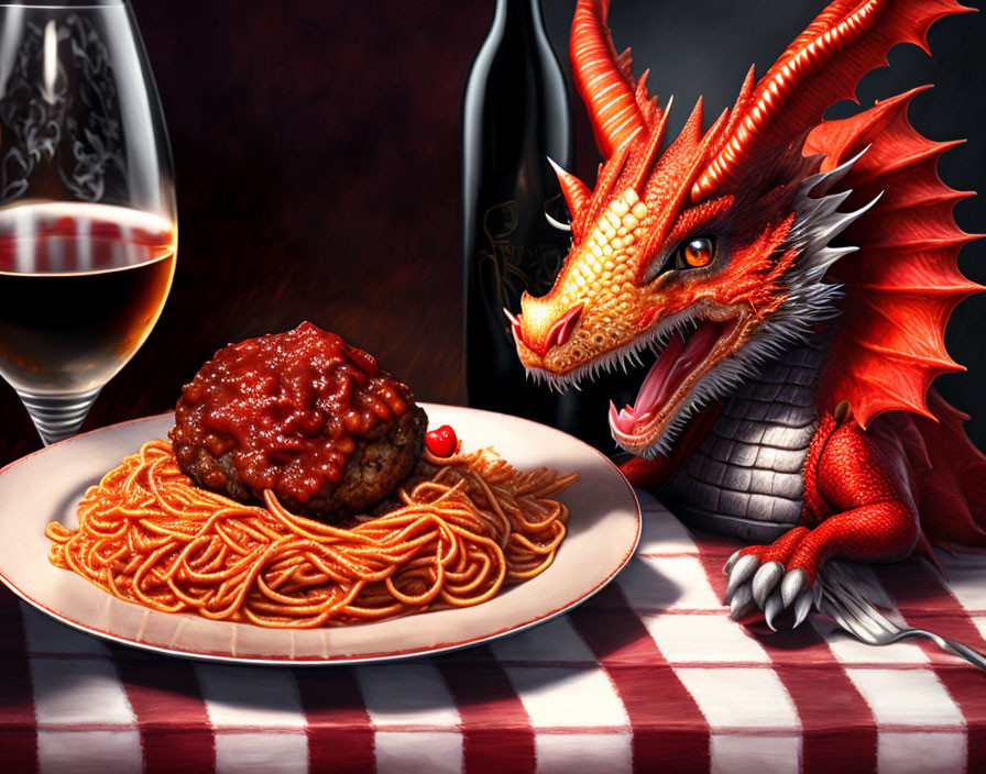 Red dragon with orange eyes at dinner table with spaghetti and wine.