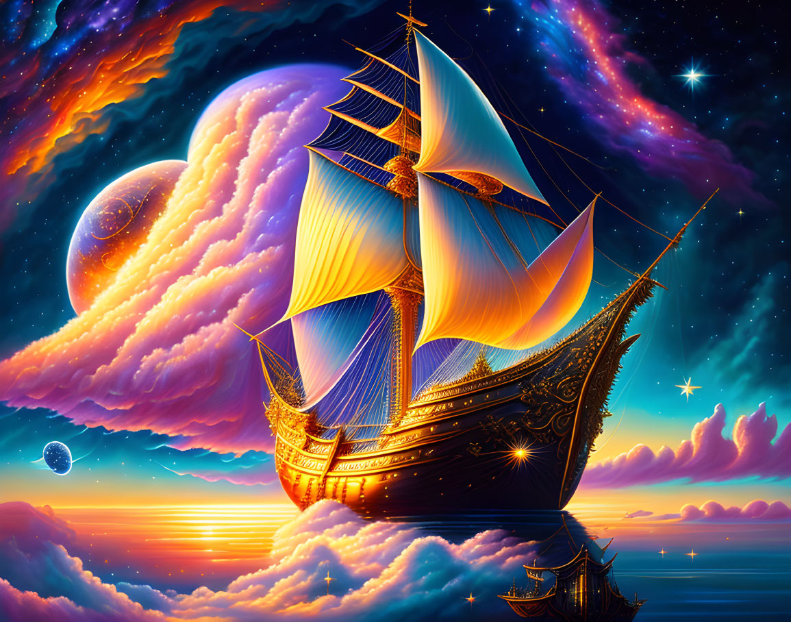 Majestic sailing ship in vibrant outer space with nebulae and planets