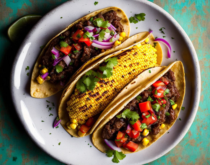 Beef Tacos with Tomato, Corn, Cilantro, Red Onion, and Grilled Corn