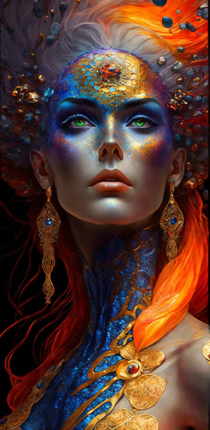 Vibrant orange hair, blue skin, gold cosmic makeup portrait