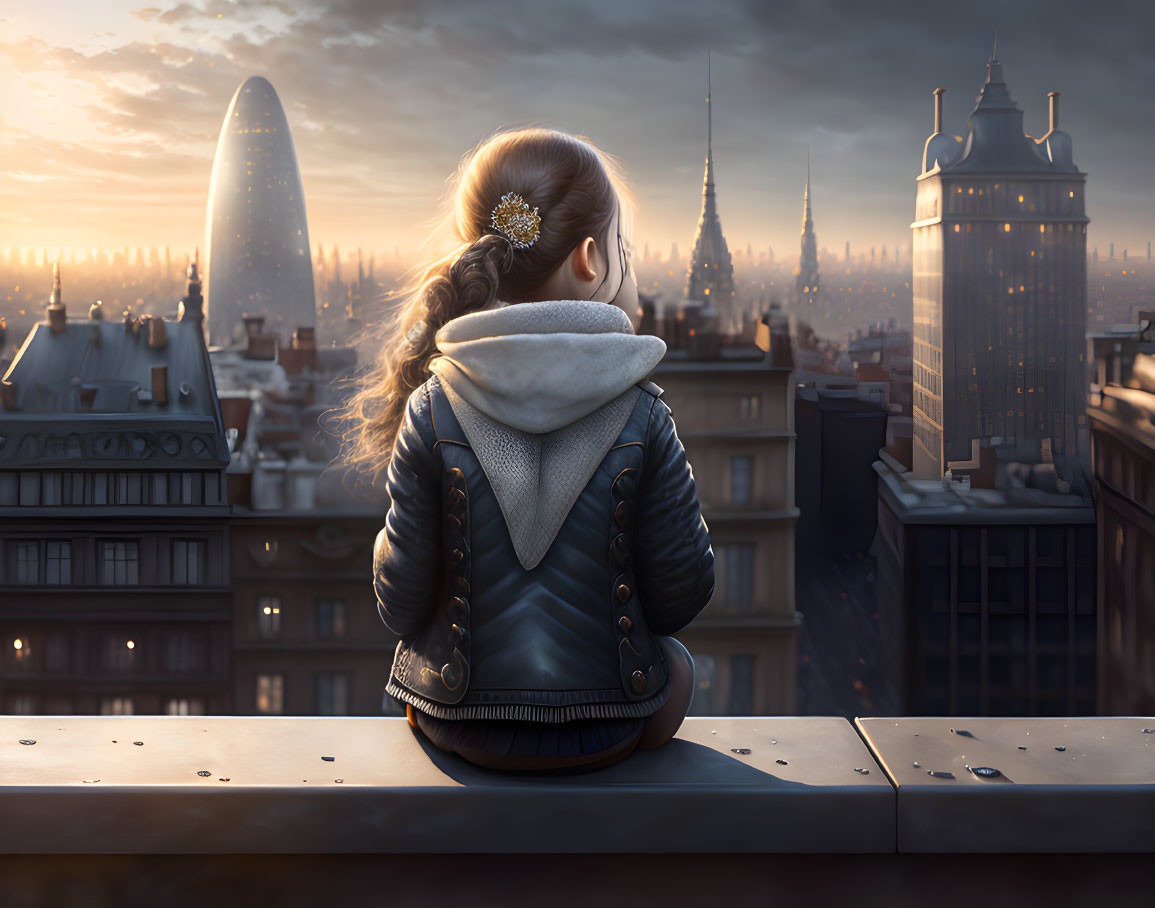 Young girl on high ledge overlooking cityscape at sunrise or sunset