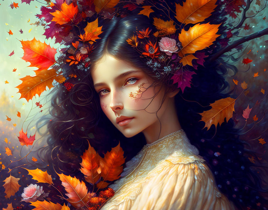 Portrait of woman with autumn leaves and flowers in her hair capturing mystical autumnal essence