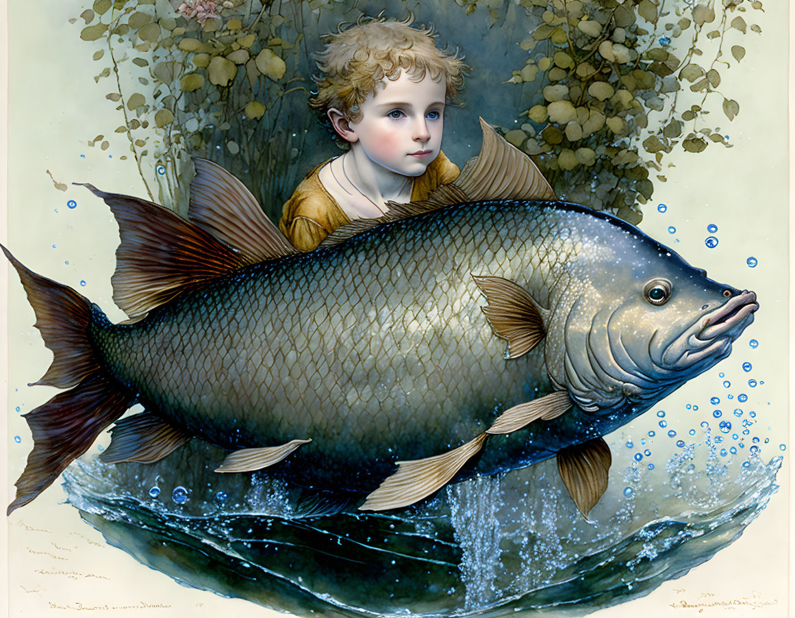 Child with angelic features riding giant fish in underwater scene