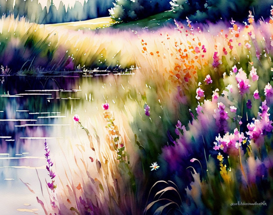 Vibrant watercolor painting of serene landscape with reflective lake