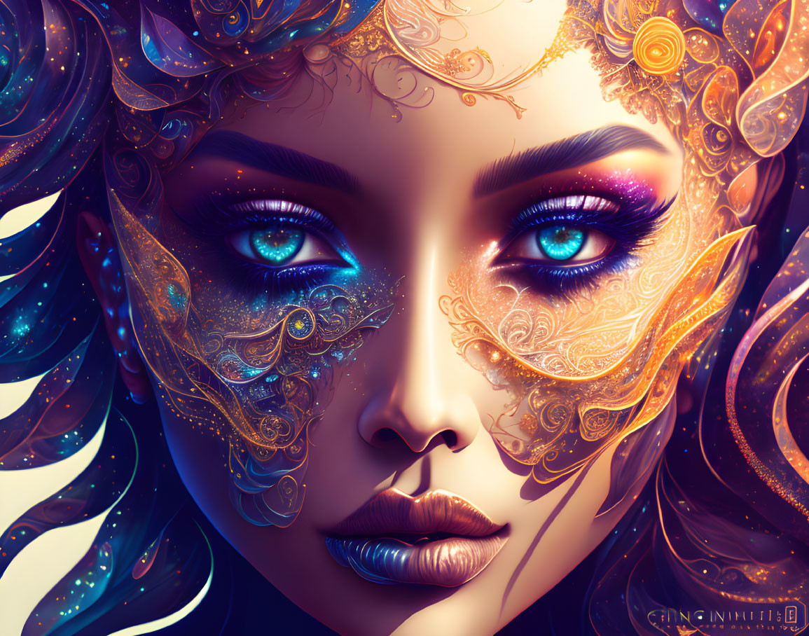 Vibrant blue-eyed woman with cosmic theme and ornate makeup