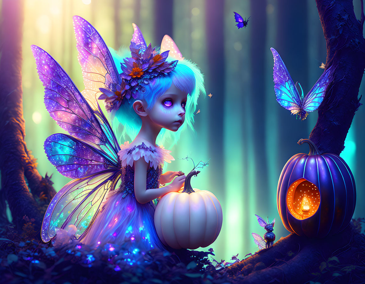 Whimsical fairy with iridescent wings by carved pumpkin in enchanted forest