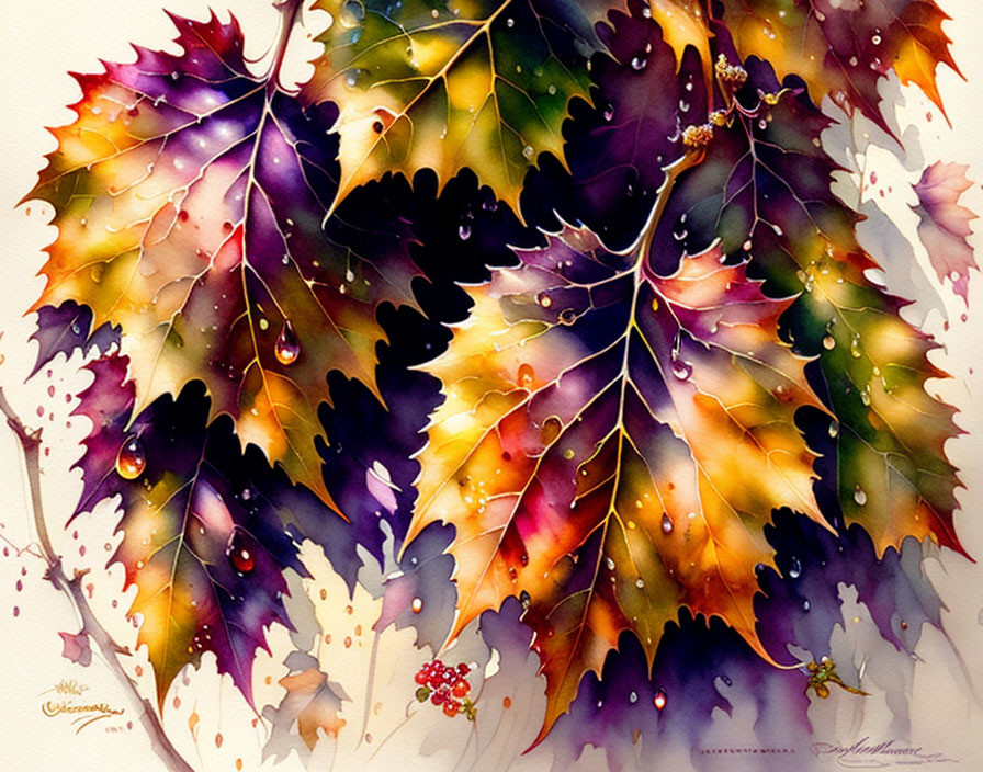 Colorful Watercolor Painting of Autumn Leaves with Veins and Water Droplets