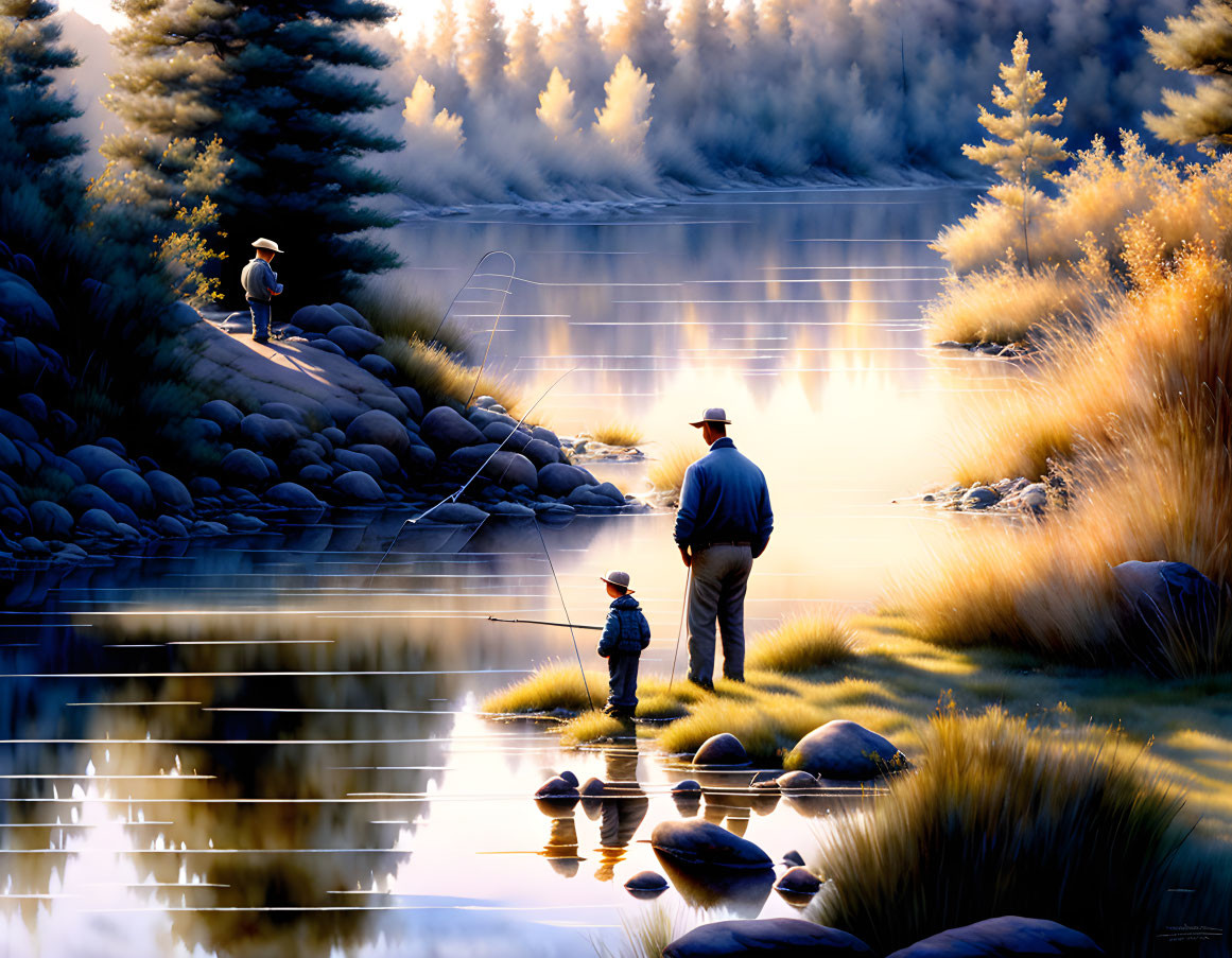 Tranquil scene: two people fishing at a sunlit lakeside.