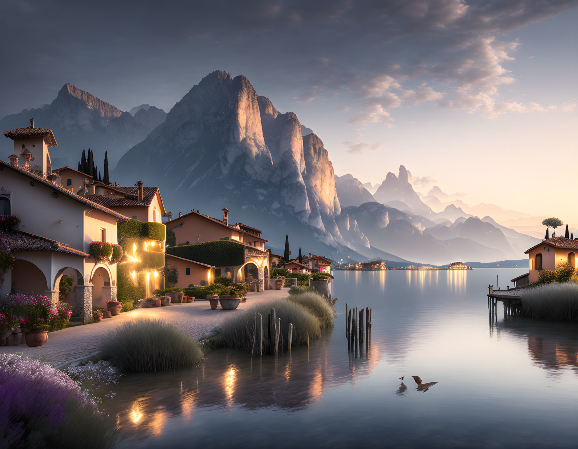 Scenic lakeside village at sunset with mountains and bird in flight