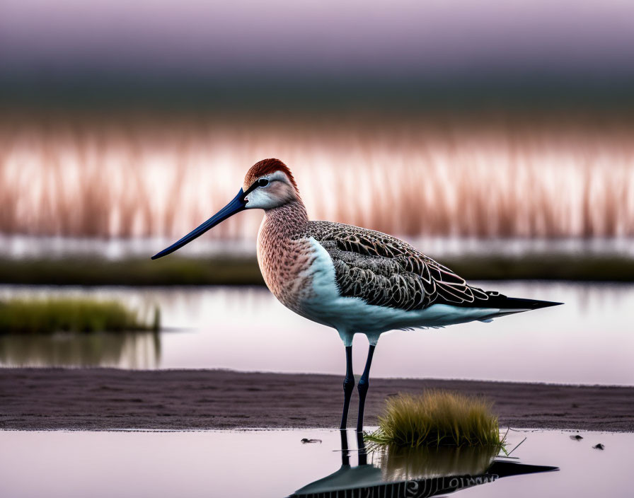 Long-billed bird standing in shallow water with reflection, soft pink and blue hues