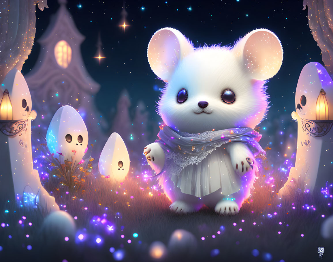 Whimsical white creature in mystical forest with glowing plants