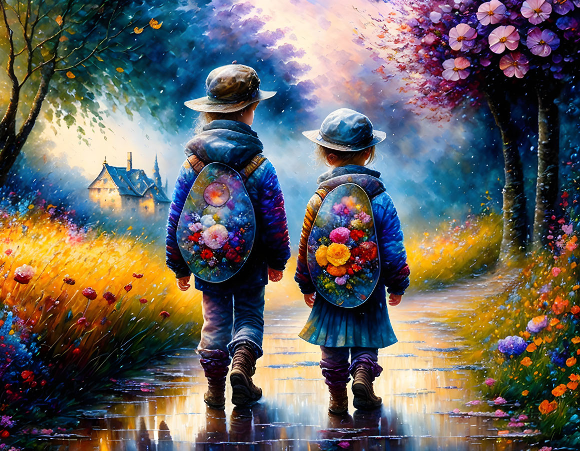 Children with floral backpacks walking on scenic path among vibrant flowers and trees.