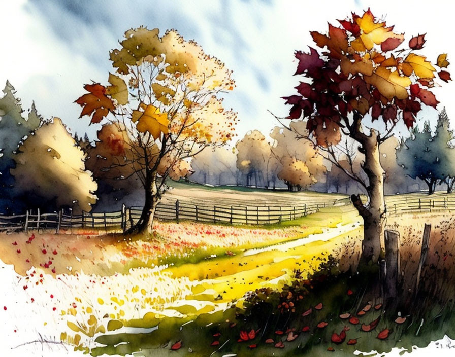 Colorful autumn landscape with trees and wooden fence in watercolor