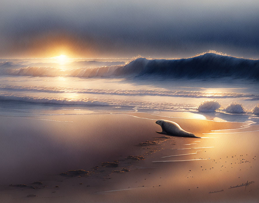 Tranquil sunrise beach scene with seal, gentle waves, and golden light